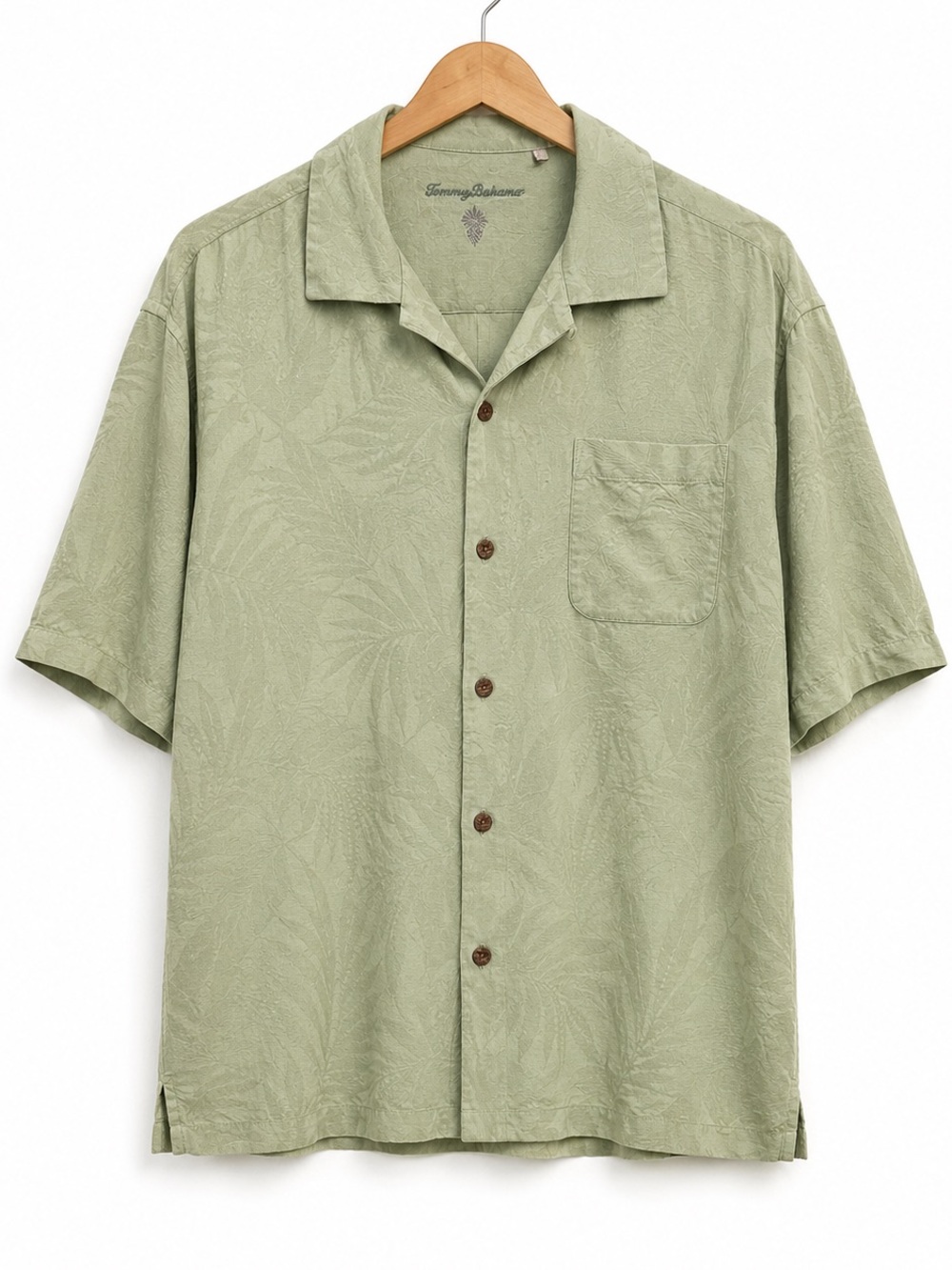 Tommy Bahama 100% Silk Camp Shirt Sage Green Palm Jacquard Button Up XL Hawaiian